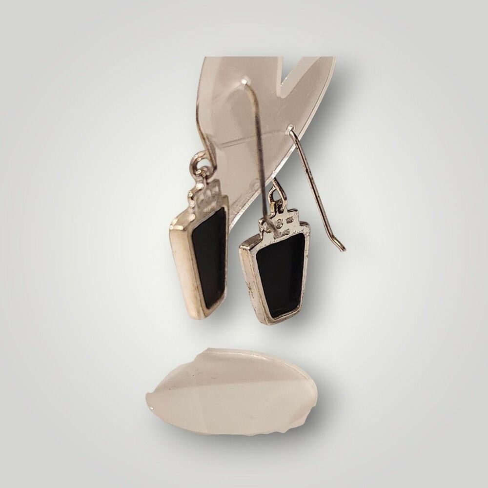Vintage SU 925 Sterling Silver Onyx Inlay Dangle Pierced Hook Earrings 6g - Picture 5 of 8